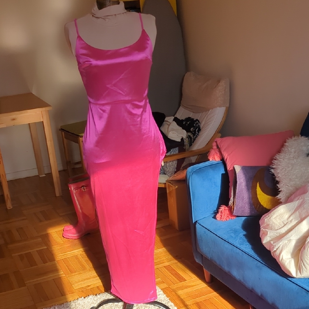 Elegant Side Slit Pink Satin Dress